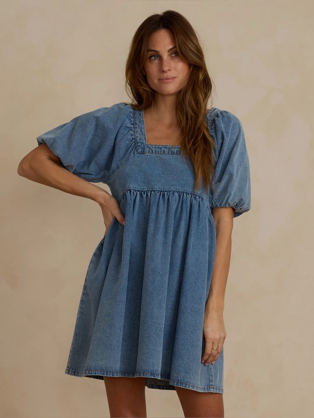 Rylee + Cru “Gretta Babydoll Dress” - Light Wash Denim